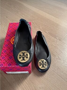 Tory Burch Navy Leather Ballet Flats with Gold Logo Medallion
